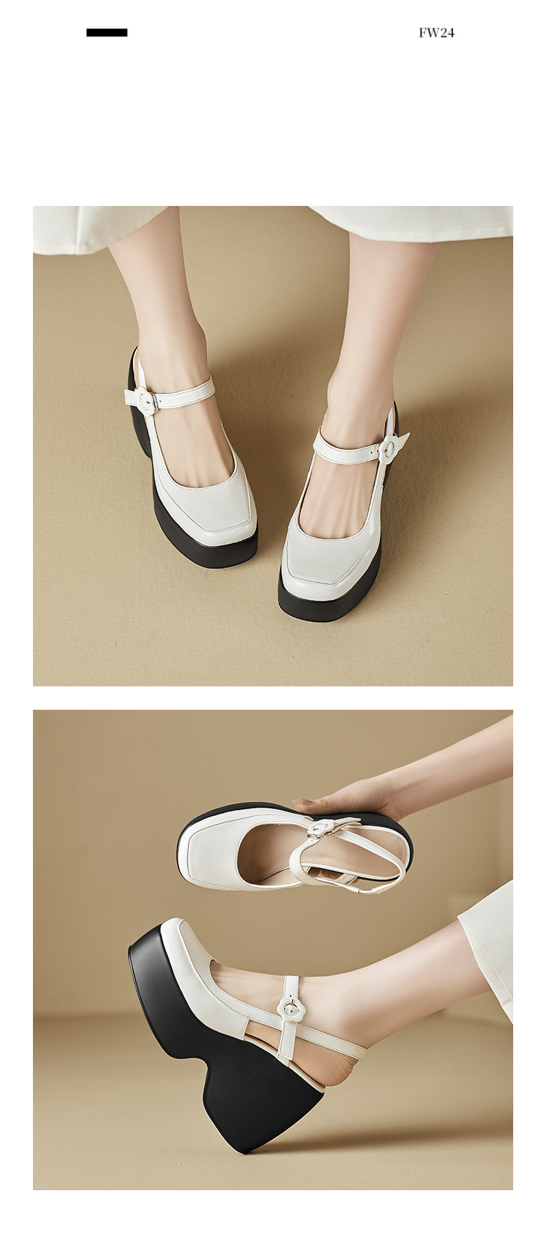 Sandal Mary Jane đế xuồng da thật bít mũi gót cao 9 cm cho nữ — Màu đen, Màu trắng be chi tiết 11