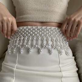 欧美冬季百搭仿珍珠串珠腰封 修身西裤裙子搭配腰饰品女pearlbelt