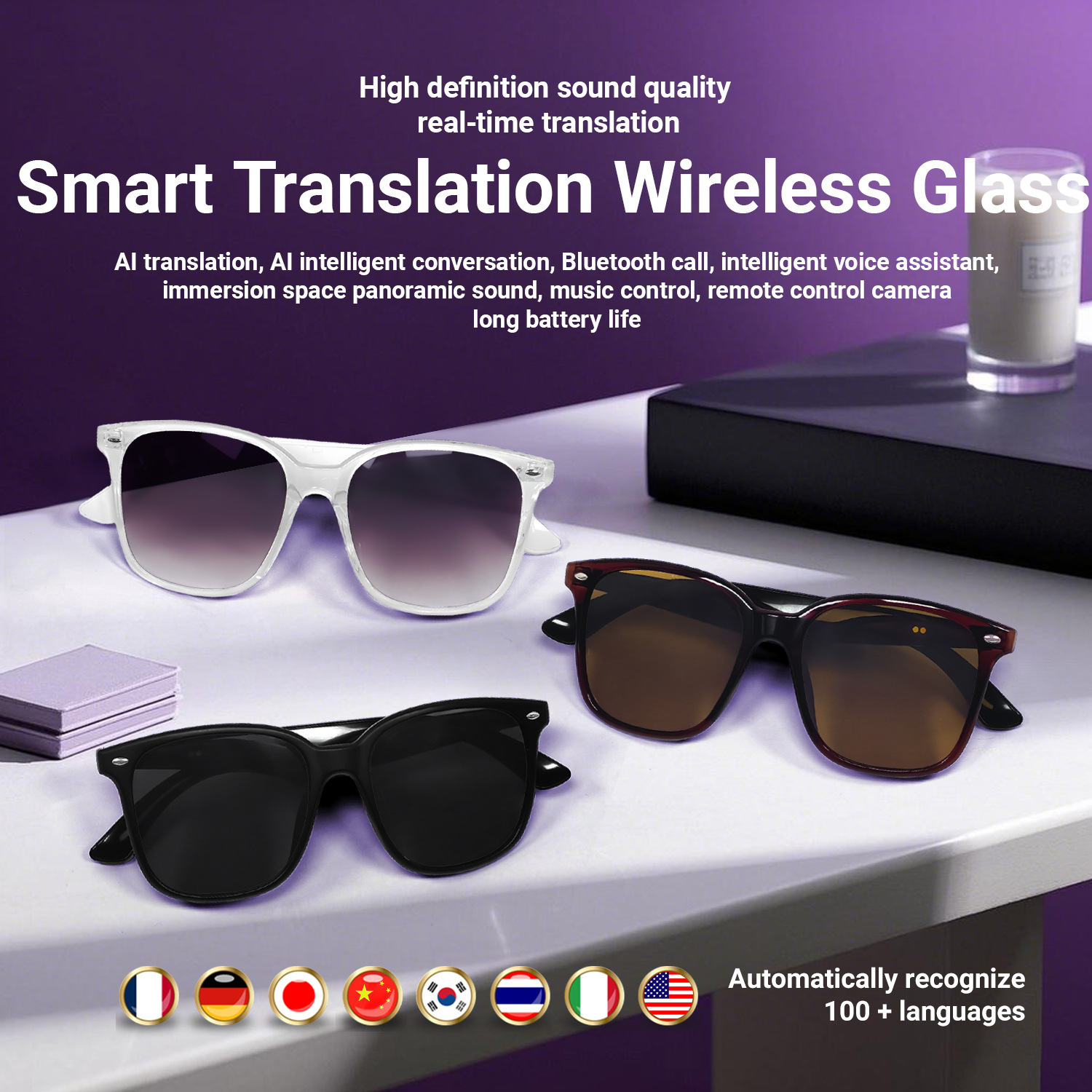 New Ai Translation Bluetooth Glasses Multi-Language Real-Time Translation Glasses Listening to Songs and Calls Smart Glasses Headset