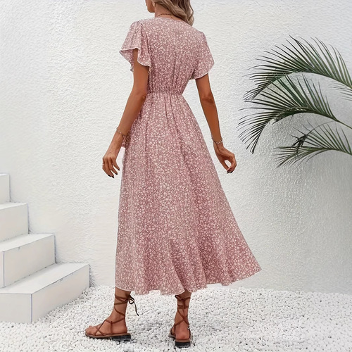 Independent station Amazon cross-border small floral V-neck open front tie waist short sleeve Bohemian large swing vacation dress