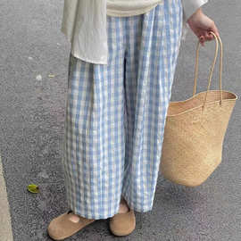 大码蓝色格子云朵裤女夏季薄款阔腿萝卜气球裤显瘦九分全棉灯笼裤