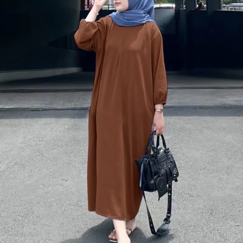 Cross-border Middle Eastern Muslim New Women's Puff Sleeve Solid Color Vest Robe, Ladies' Casual Loose Long Dress In_voghion.com