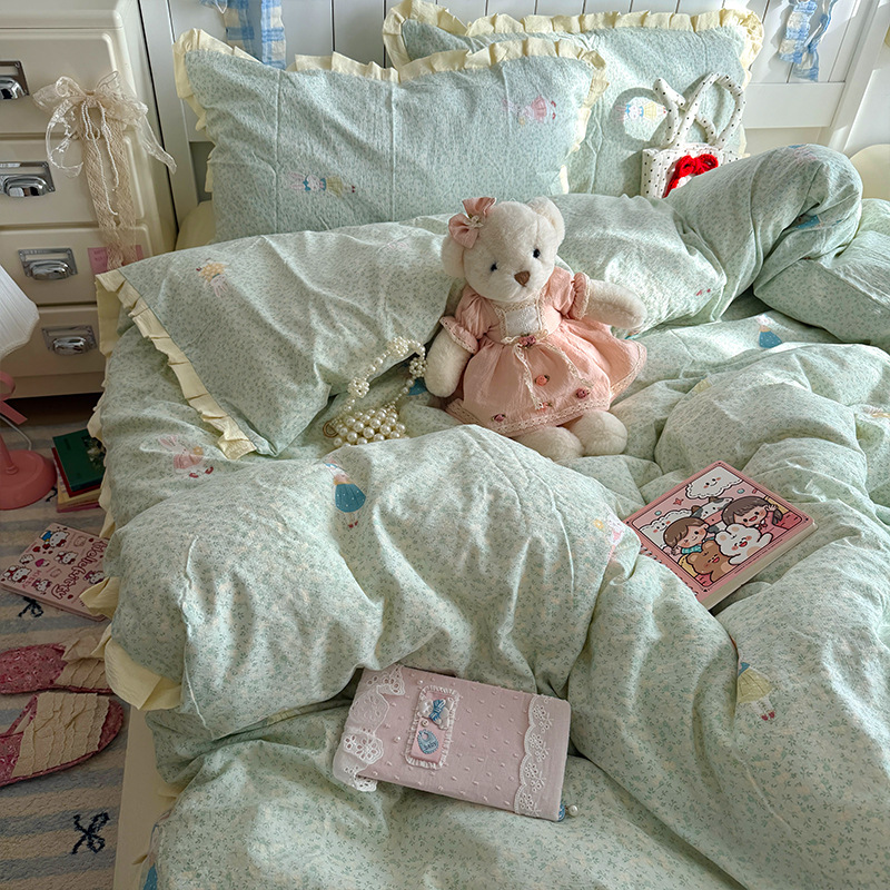 Madre y bebé clase A encaje de algodón puro cuatro piezas de cama puede dormir desnudo sábanas cubierta INS dormitorio de estudiantes tres piezas de conjunto