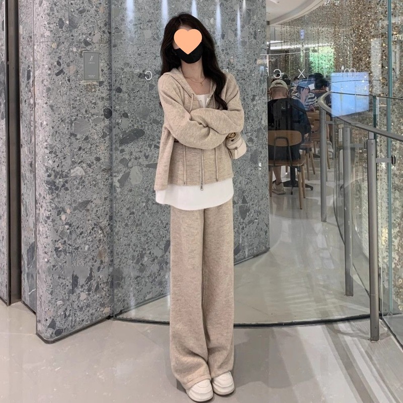 2025年春秋季套装女新款休闲时尚假两件开衫卫衣宽松阔腿裤两件套|undefined