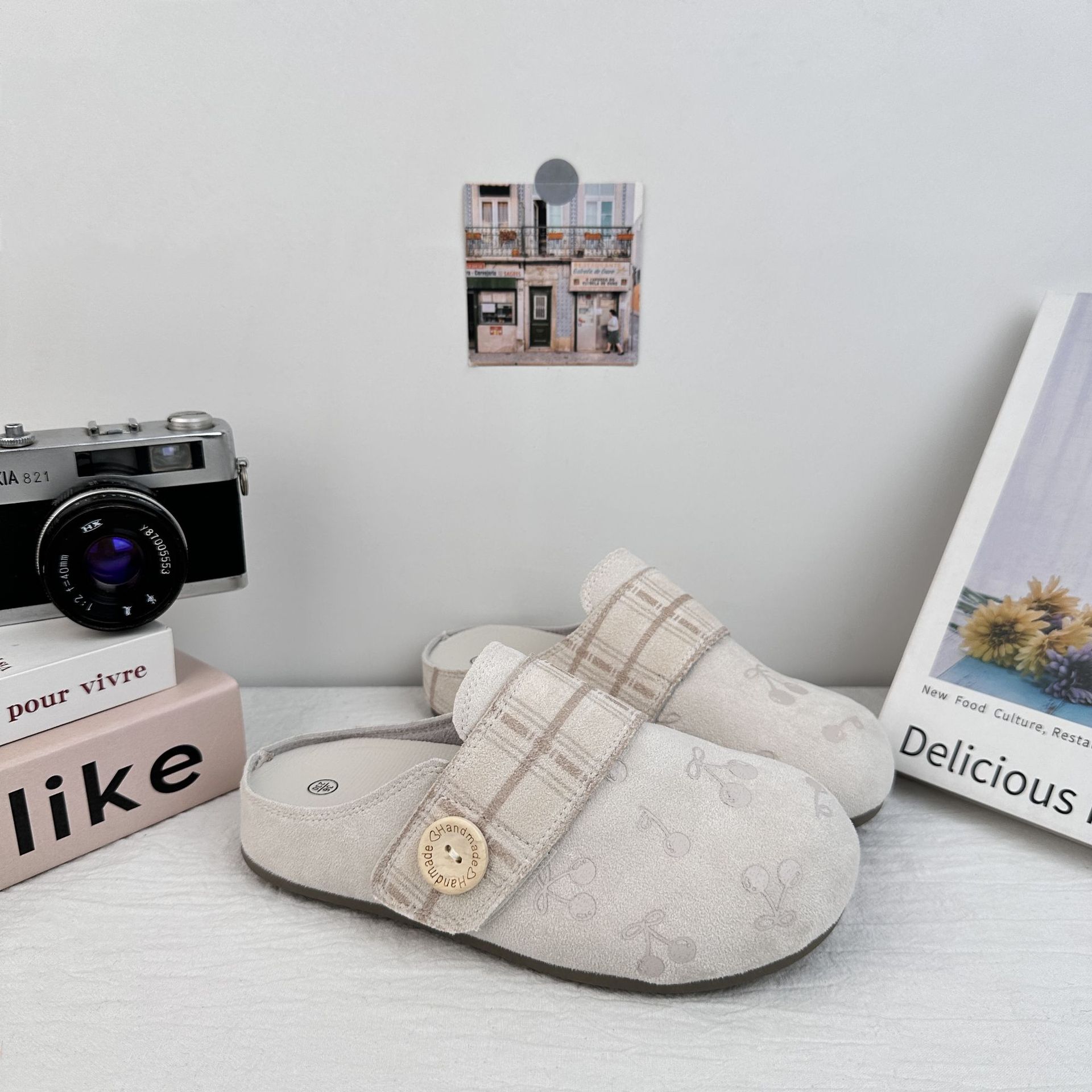 Yuanbo impresión de cereza cabeza media zapatillas mujeres 2025 verano nuevos zapatos Birken perezosos un pie sandalias