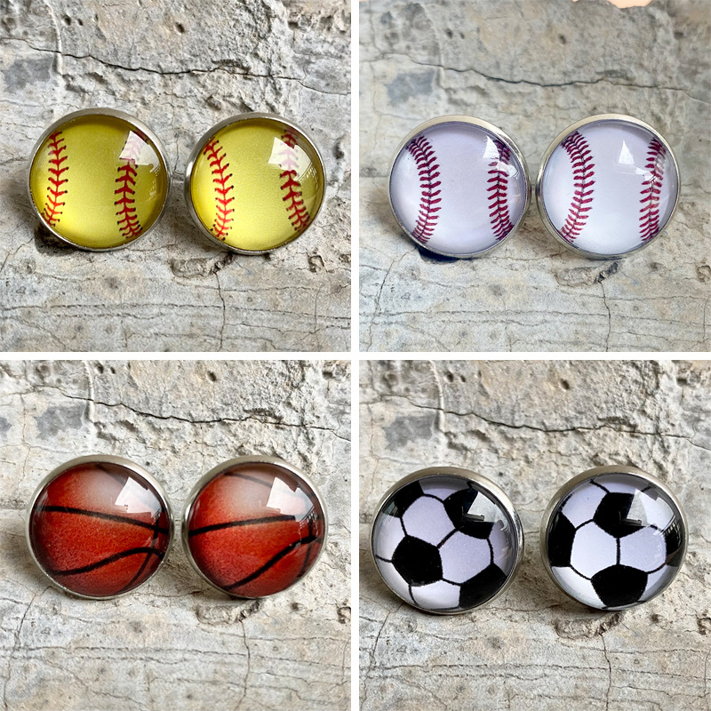 1 Pair Simple Style Football Stainless Steel Glass Women's Ear Studs display picture 1