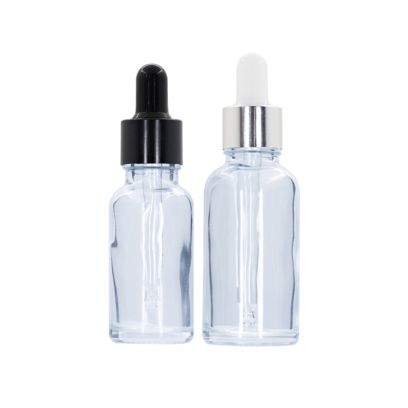 Botella de vidrio transparente de 10ml, botella de goteo de goma de 100ml, botella de aceite esencial marrón de fondo grueso de 30ml