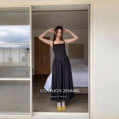 CZ ZHANG秋季韩版名媛慵懒格纹拼接露背百搭a字吊带连衣裙B36043