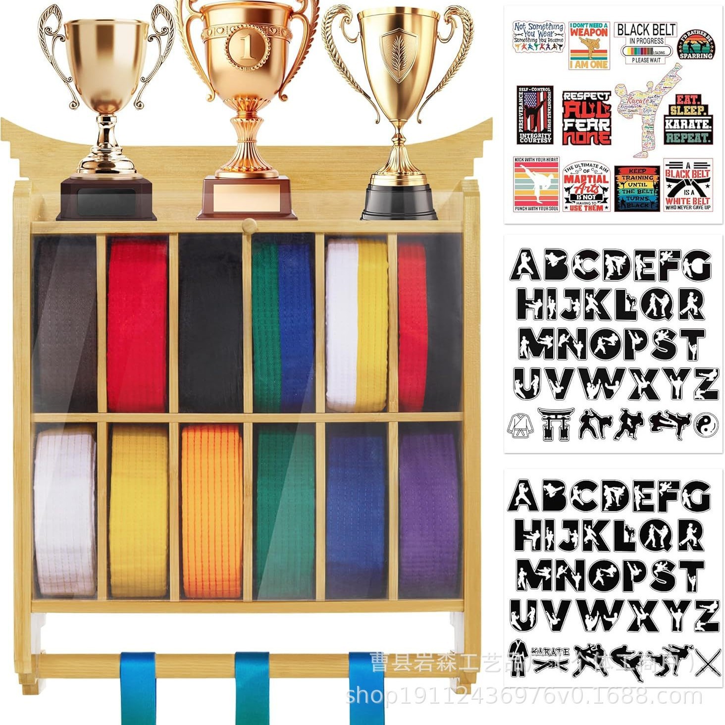 Cross-Border Wooden Taekwondo Belt Rack Multi-Grid Karate Belt Storage Rack Wall-Mounted Trophy Medal Display Rack