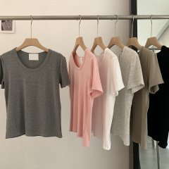 欧瑪莱のネット版の丸首のモーダルの半袖のまっすぐな筒のtシャツの上着の2025春の夏の百合の実写の女性の2344