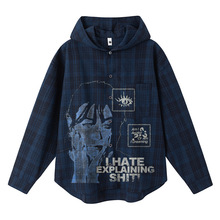 新款美式街头印花字母格子连帽衬衣男女情侣款宽松潮流青少年衬衫