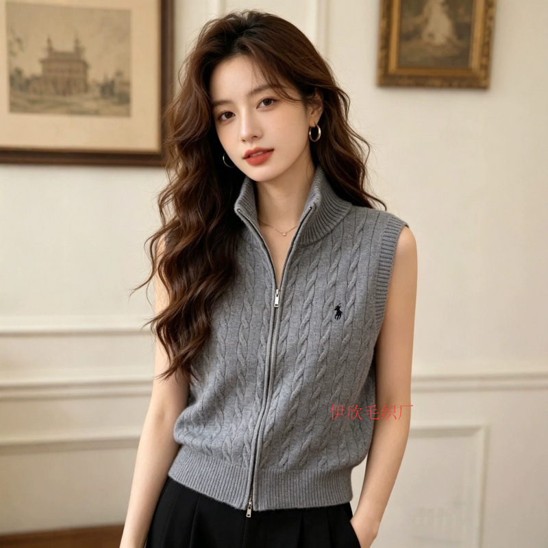 French-style solid color sleeveless slim-fit high-neck double-zipper vest cardigan for women, new youthful knitted sweater vest French-style solid color sleeveless slim-fit high-neck double-zipper vest cardigan for women, new youthful knitted sweater vest