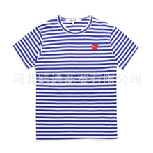 川久条纹T恤女爱心条纹短袖男批发夏季保玲爱心间条圆领休闲背心
