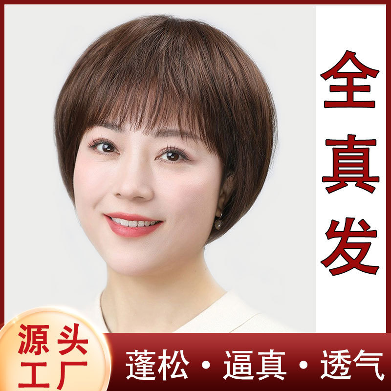Wig for Women with Short Hair, Full Head Wig, Real Human Hair, Middle-Aged and Elderly Short Bob Straight Hairstyle, Realistic Mom Style, Age-Reducing