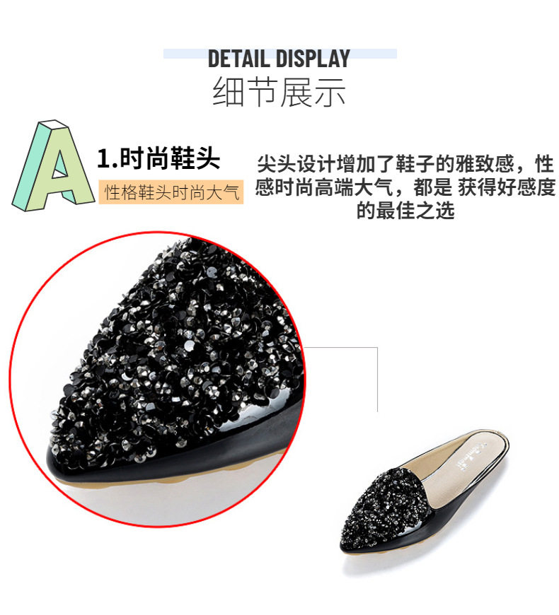 Dép nữ bít mũi mũi nhọn đính đá pha lê, quai hậu nửa dép đế bằng thấp — Màu mơ, Màu đen chi tiết 11