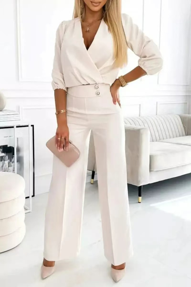 Women's Solid Color V-Neck Two-Button Casual 2-Piece Pant Set Regular Thickness For Spring/Autumn And Summer_ecoleips.com