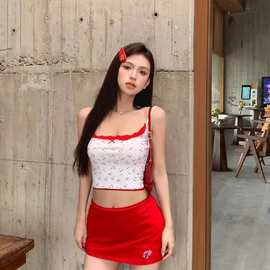 小众蕾丝吊带背心女夏外穿设计感樱桃印花小众别致纯欲甜美上衣潮