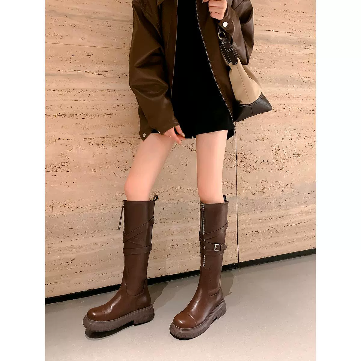Leather high boots platform, belt, buckle, genuine leather