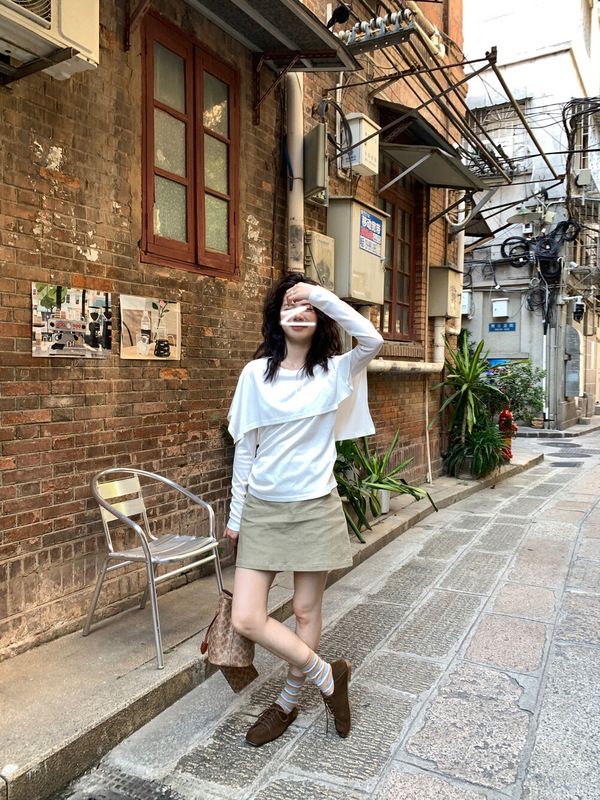 2025早秋新款披肩领假两件长袖白色T恤女休闲时尚洋气百搭上衣潮|undefined