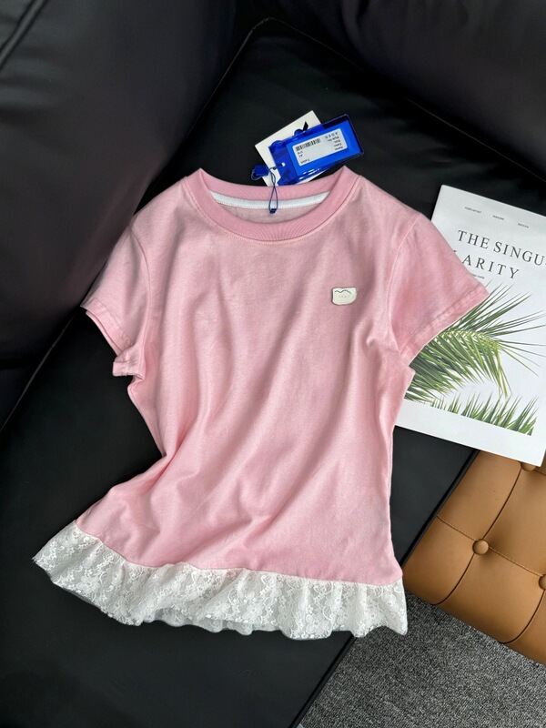 2025 夏カジュアル痩身腹カバーレーススプライシング半袖レディース Tシャツニッチ ADERH 新しいトップ|undefined