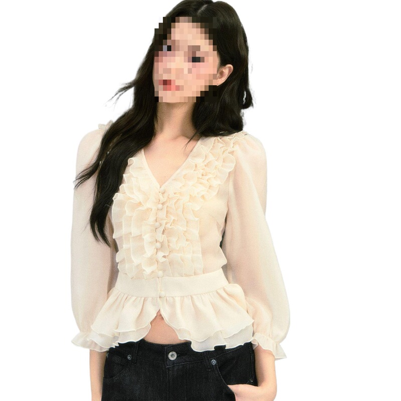 2025早秋新款时尚法式V领边压花雪纺衫女气质褶皱百搭泡泡袖上衣|undefined