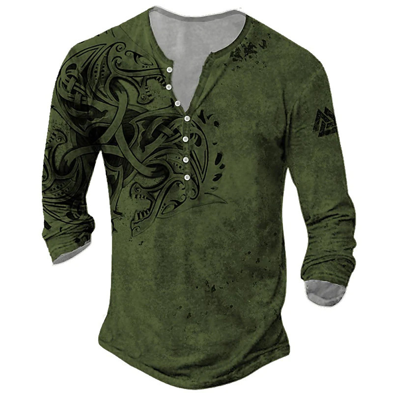 Cross-Border Foreign Trade Men's Open-Front Seven-Button T-Shirt with Vintage Viking Graphic Print, Men's Long-Sleeve Plus-Size Tee