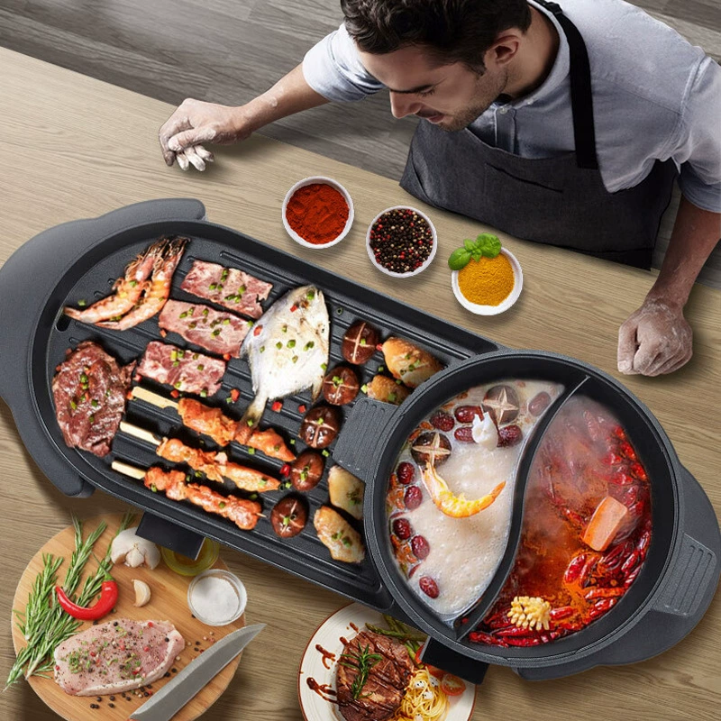 Электрический гриль Konka для домашнего использования, интегрированная функция гриля и горячего приготовления, антипригарная электрическая сковорода-гриль, горячая кастрюля и барбекю-плита, подарочная покупка KEG-W006.