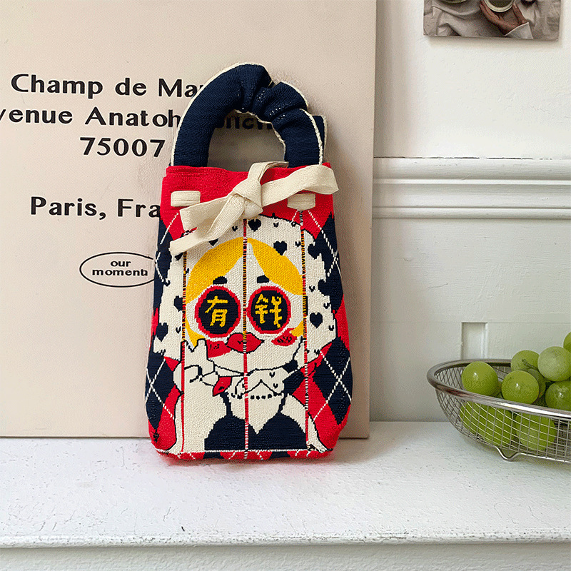 Bolsa de punto, oreja de madera, diseño de nicho, bolso con cordón de dibujos animados, bolso de mensajero portátil de todo fósforo, bolso de teléfono móvil