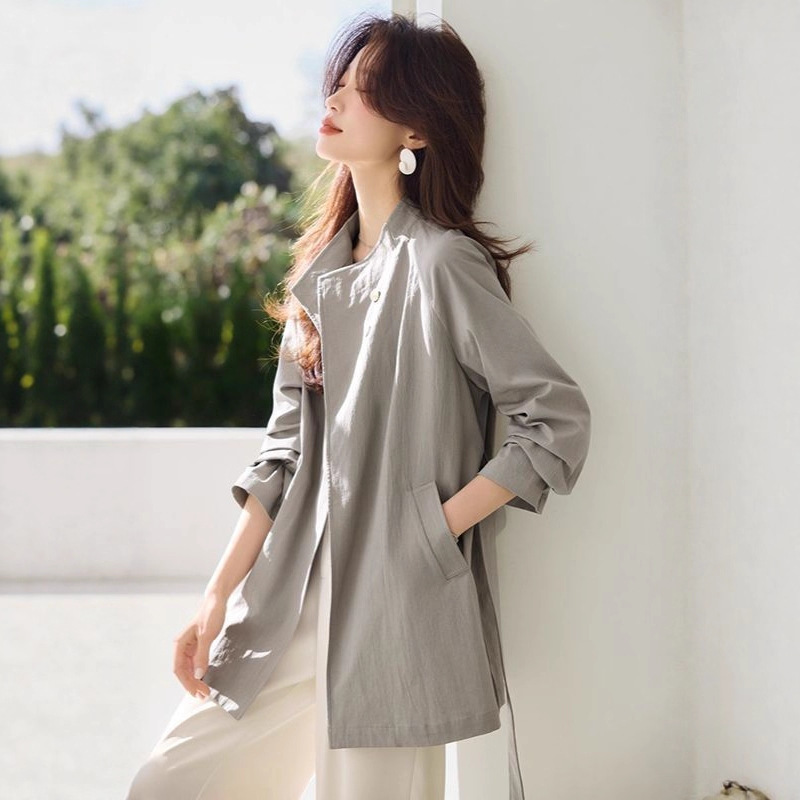 Spring and Autumn Tops New Style Small Mid-Length Windbreaker Simple Casual Long-Sleeved Retro Loose