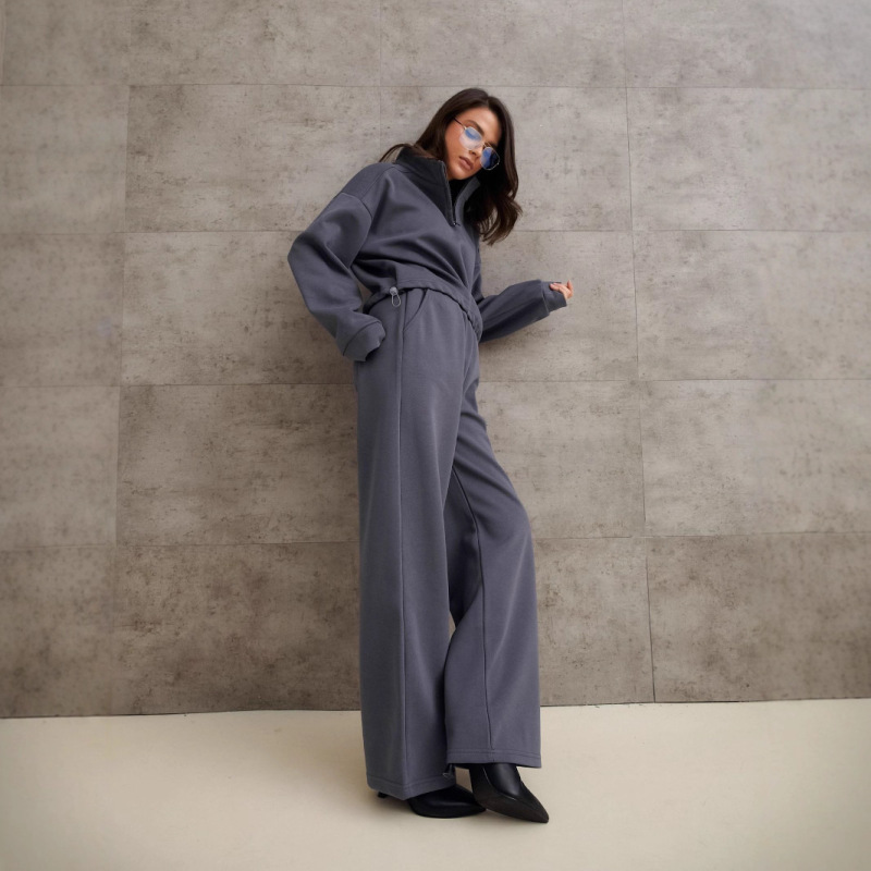 时尚半开领长袖卫衣长裤休闲套装oversize套头衫抽绳卫裤两件套女|undefined