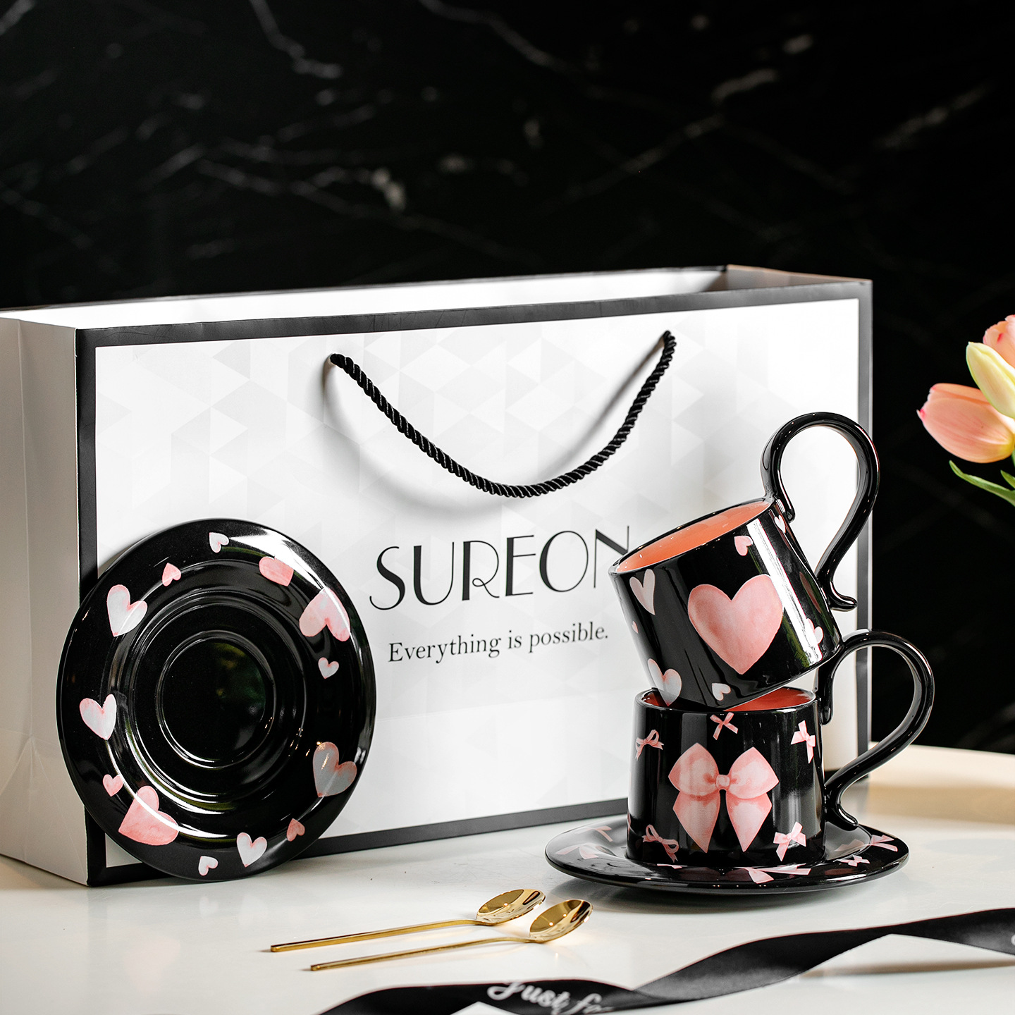 Amor arco taza de café y plato conjunto de caja de regalo para la casa de bodas regalo de regalo de cumpleaños té de la tarde