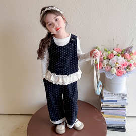 女童点子花边三件套春秋款2025新款儿童韩版时尚小女孩洋气套装潮