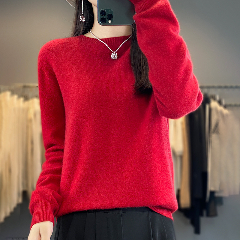 Otoño e Invierno 100% suéter de lana pura de las mujeres de cuello redondo Jersey corto de lana de manga larga suéter recto suéter a juego ropa exterior