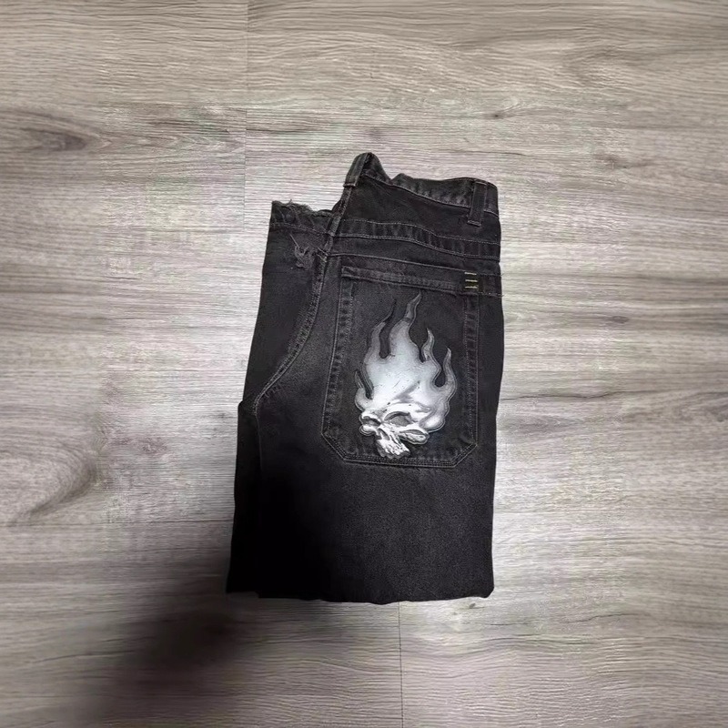 Cross-Border Internet Celebrity Trendy Harajuku Hip-Hop Retro Skull Streetwear Jnco Jeans Y2K Men's Jeans