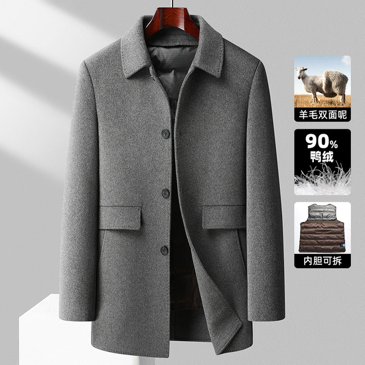 [Removable Goose Down Lining] Mid-Length Thick Wool Coat for Young and Middle-Aged Men