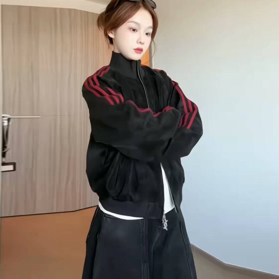 Áo khoác jacket nữ dáng rộng cổ đứng tay dài kiểu bóng chày — Màu be, Màu cà phê, Màu nâu, màu đen chi tiết 4