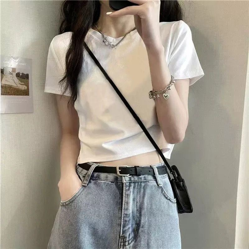 2026 nuevo puro deseo de chicas calientes cuello redondo hombro camiseta de manga corta camiseta de base para mujeres delgadas y delgadas camiseta corta image 1