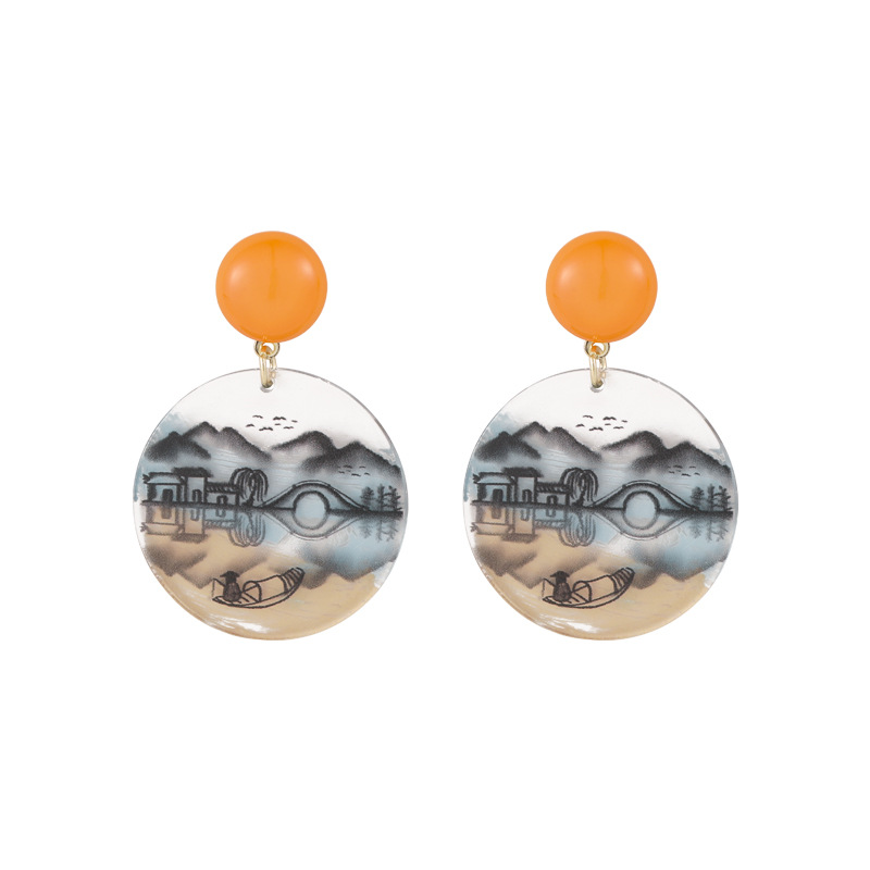 Vente En Gros Bijoux Peinture De Paysage Boucles D&#39;oreilles Pendantes Géométriques Nihaojewelry display picture 11