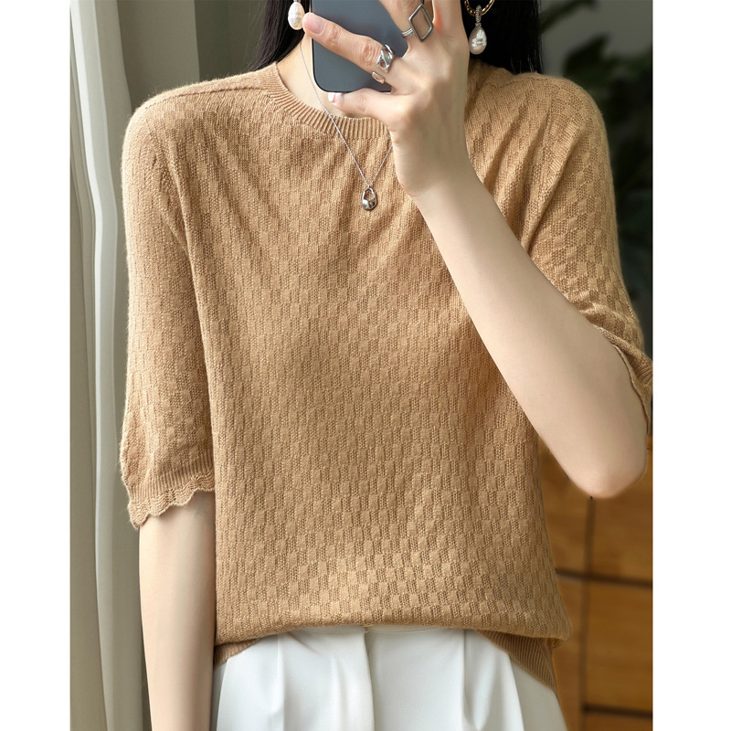 First-line blended wool short-sleeved T-shirt women's loose round neck knitted half-sleeved top spring and summer thin T-shirt