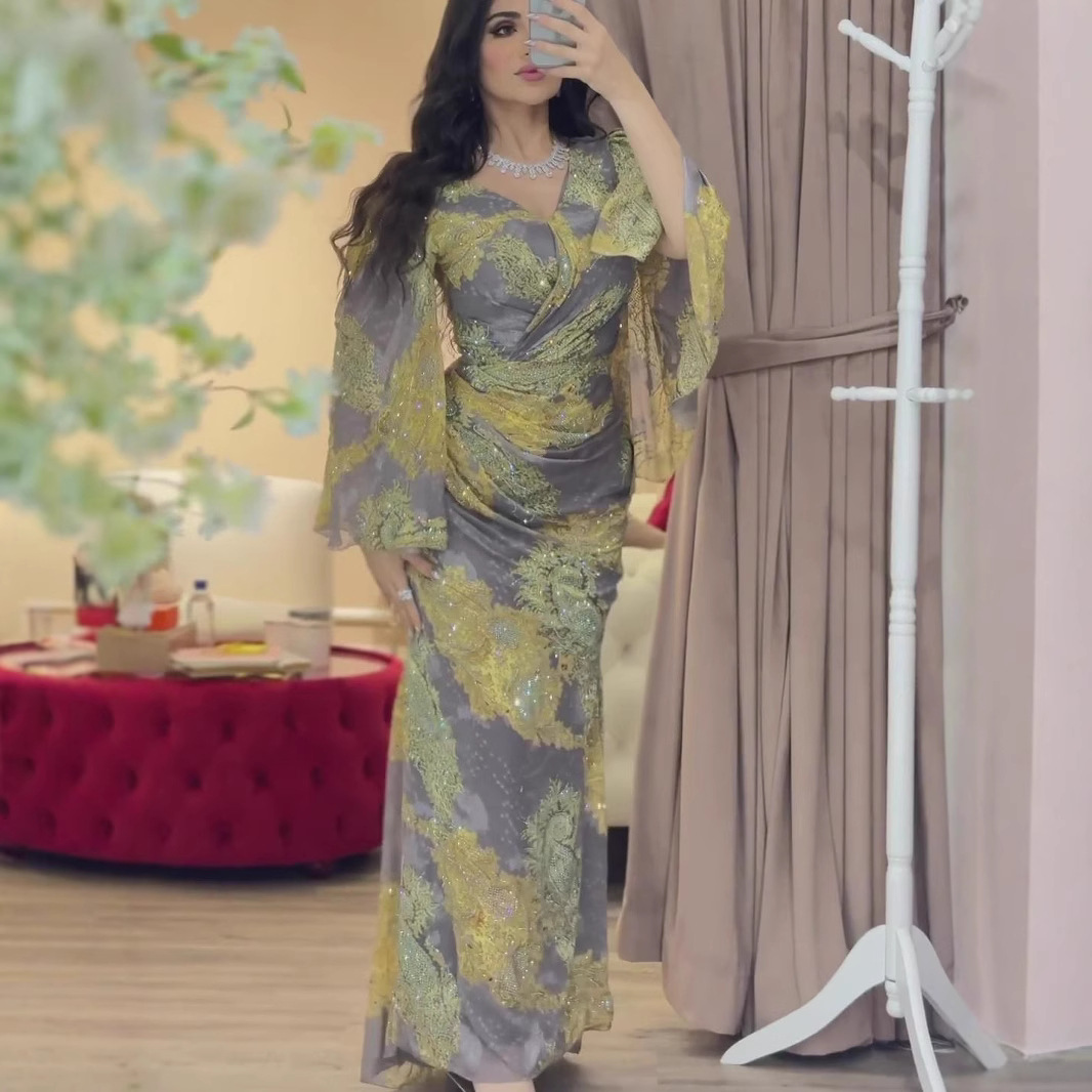 2024 Spring and Summer Cross-border Women's Clothing Foreign Trade Independent Station ebay Sexy Chiffon Printed Big Swing Ball Evening Dress