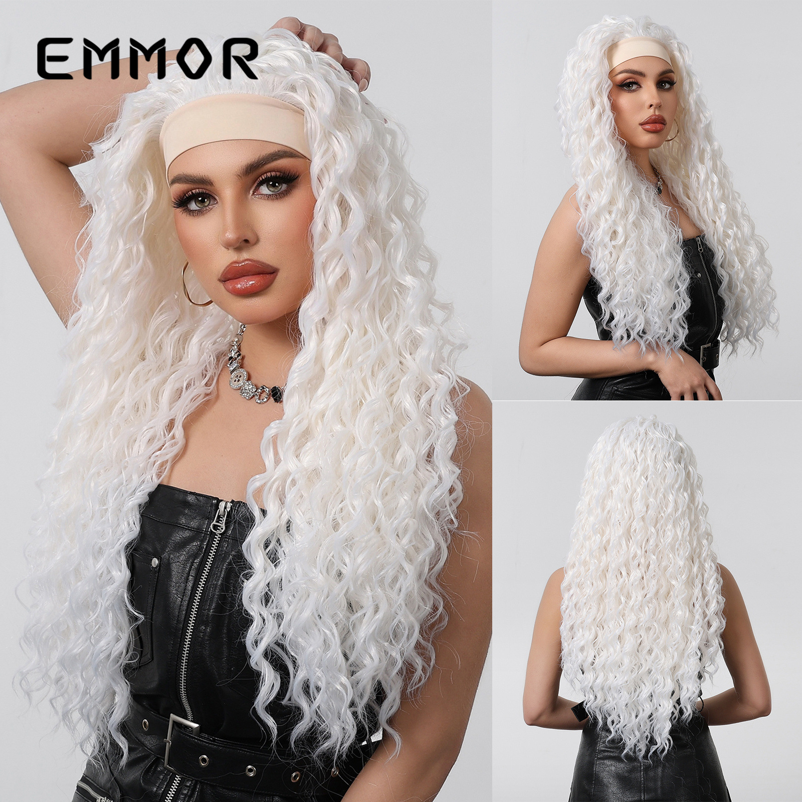 Peluca de estilo europeo y americano transfronterizo para mujer, cinta para el cabello gris, rizado latinoamericano, cabello largo y rizado, elegante, esponjoso y blanco, cubierta para el cabello completo, wigs