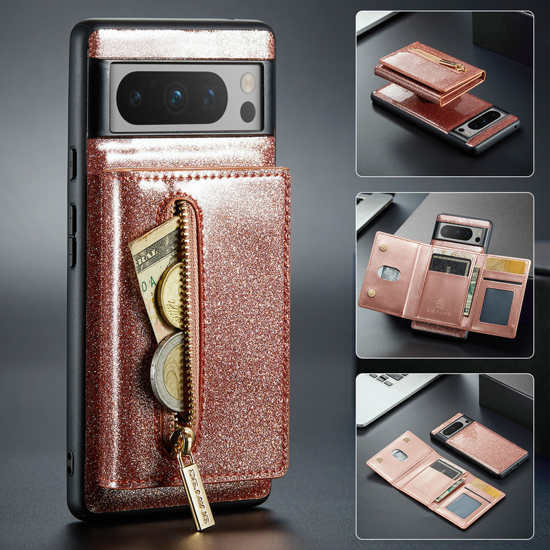 M3 for Google Pixel 8 Pro Magnetic Glitter Card Bag Phone Case Pixel 8 Zipper Wallet Protective Case