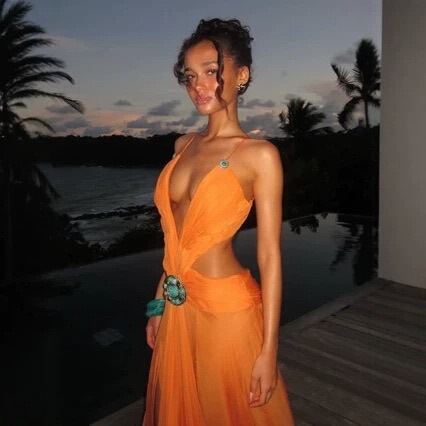 Cross-Border Bohemian V-Neck Spaghetti Strap Backless Hollow-Out Waist Embellished High-Slit Beach Vacation Dress for Women, Summer Long Dress
