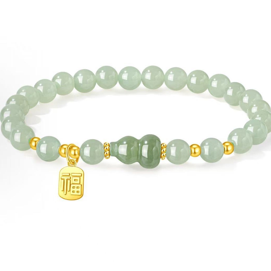 Pure Silver Fortune Brand Jade Gourd Ethnic Style Fortune and Prosperity National Trend Ancient Charm High-End Good Luck Beaded Chain Elegant Light Luxury