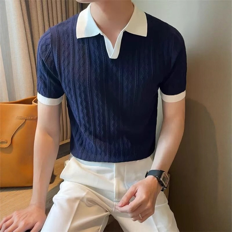 Herren-Sommerpullover aus Eisseide, Strick, Kurzarm, lässiges T-Shirt im koreanischen Stil, trendige Slim-Fit-Passform, vielseitiges Oberteil_voghion.com