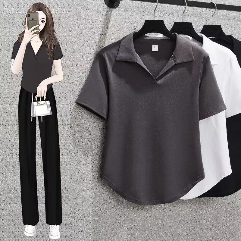 플러스 사이즈 여성용 오른쪽 어깨 슬리밍 및 살찐 mm 여름 살 커버 스타일 루즈한 짧은 폴로 셔츠 반팔 티셔츠 탑