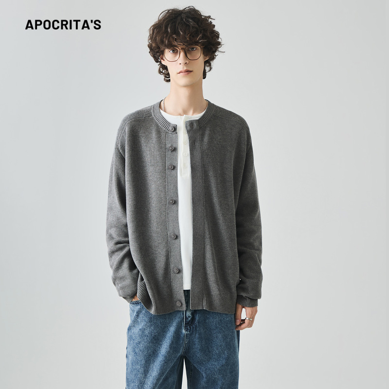 APO男装|跨境男士毛衣秋季宽松圆领老钱风松弛感针织开衫外套上衣|undefined