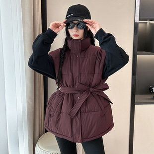 Drop Shoulder Cotton Vest Women's Short 2025 Autumn and Winter New Fashion Belt Style Korean Style Thickeneded Export Stand Collar Cotton Vest