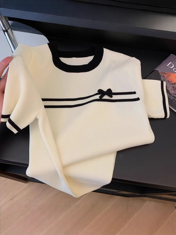 ゆったり痩身【40-100kg】ラウンドネックコントラストアイスシルクトップレディース夏リボン右肩半袖Tシャツ|undefined