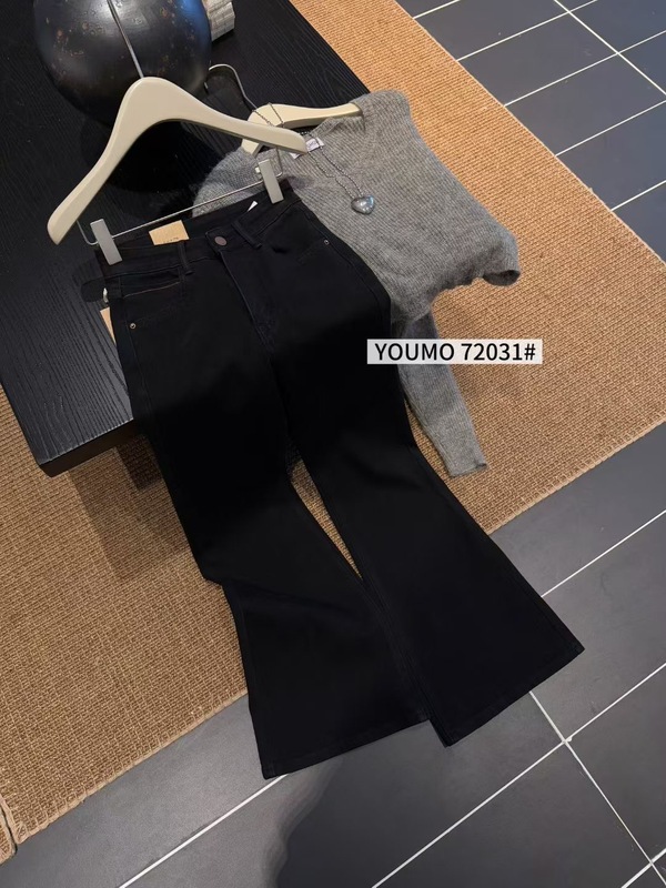 YOUMO有陌72031黑色四面弹牛仔喇叭长裤女秋季韩版百搭显瘦筒喇裤|undefined